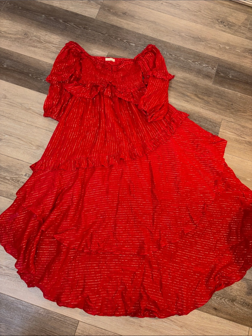 Free People Red Ruffled Tiered Dress with Metallic Thread